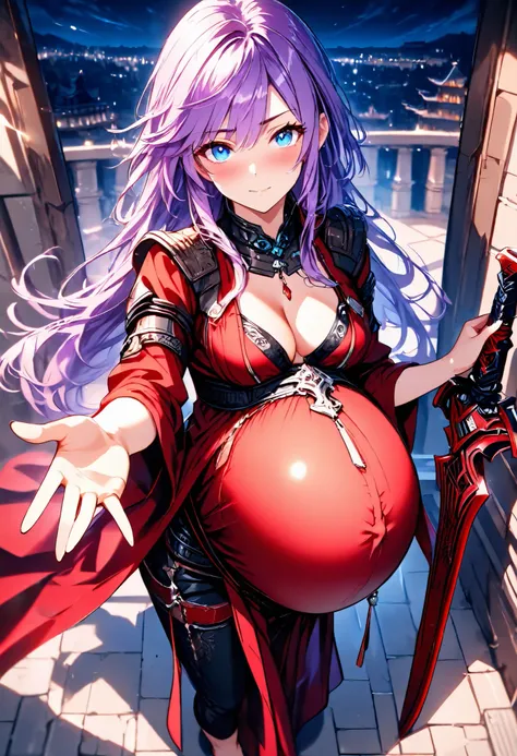 High Resolution, Best Quality, Super Detailed, Masterpiece, 4K, castle ramparts, night, 1girl, lavender hair, long hair, unadorned hair, blue eyes, medium breasts, pregnant, adult body, red hanfu, violet bikini, black leggings, barefoot, one red sword, loo...