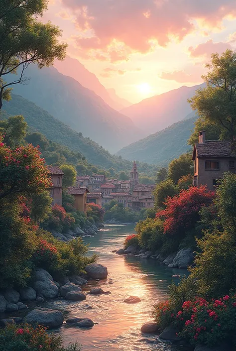 A small town by the river, mountains in the background, flores florales coloridas, detailed landscape style, beautiful natural landscapes, atmospheric lighting, scorching sunset, warm colors, practical, photographic woman, detailed foliage, complex buildin...