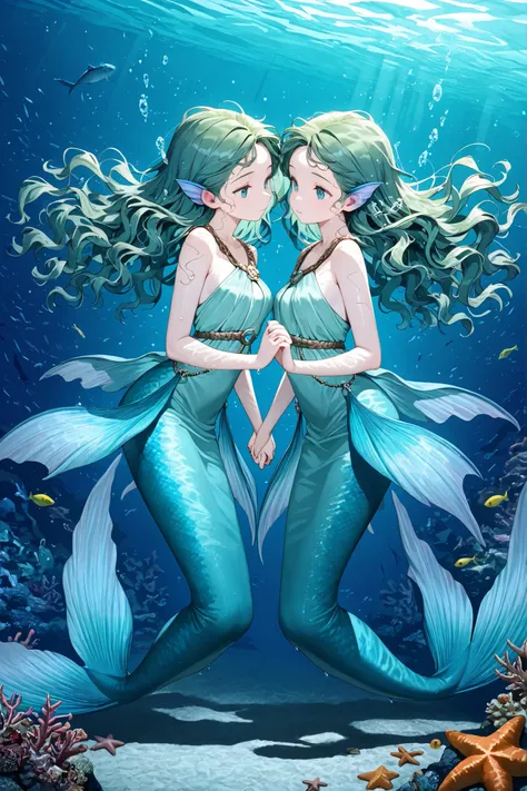masterpiece, twins, beautiful mermaids, pale bluish skin, green_hair, wavy hair, Ancient Greek clothing, wet aqua dress, holding hands, underwater, fish, starfish, Tyndall effects 