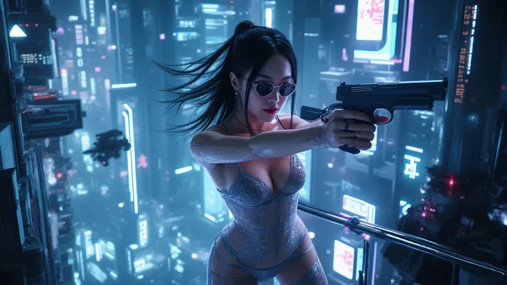 (((high angle view, overhead shot))). (Ryoji Ikeda Style). Translucent Chinese girl in mid-ground, half-body medium:1.8 shot, long hair, open legs, (((transparent:0.1 short:0.1 shift dress))), cleavage, large-breast:1.2, her short:0.1 pistol drawn and aimi...