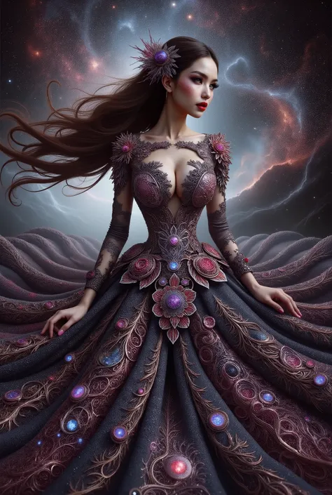 A cute japanese idol girls white-skinned, blue-eyed, thin lips, shadow eye, eyelashes, Gigantic fake boobs, Breast Press, small waist, slim body, asian girls in a strapless dress sitting in space, UHD, luxurious mechanism dress, ornate dress, shiny dress, ...