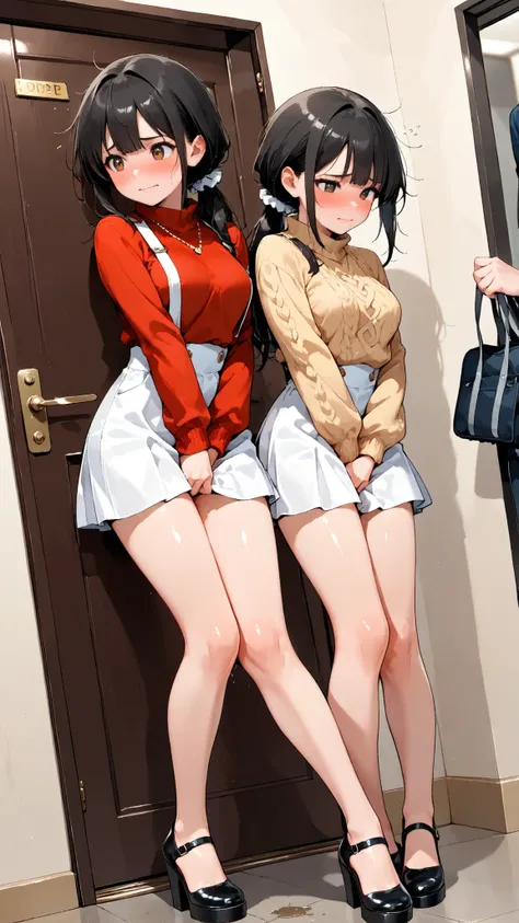 score_9, score_8_up, score_7_up, score_6_up, score_5_up, score_4_up, (extremely detailed and high-quality illustration), (best lighting effects, ultra-realistic), BREAK, (two girls separated), waiting in line for bathroom, outside of bathroom door, beautif...