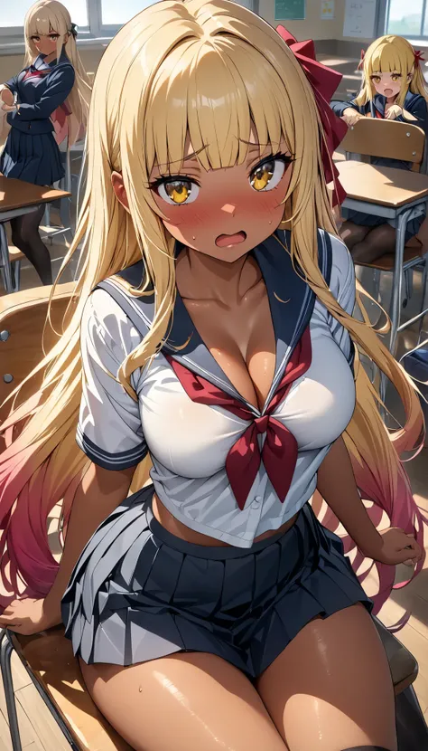 multicolored hair, gradient hair, blunt bangs,  dark-skinned female, hair  ribbon, yellow eyes,,,(cute eyes), (8K、Best image quality、highest quality、masterpiece)、Detailed face、Improve、( blonde Hair, yellow Eyes, long hair)、(open mouth), (embarrassed), (ski...