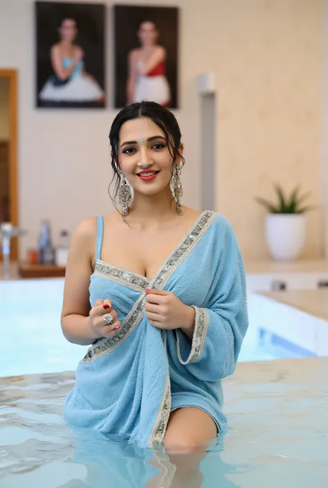  photo of sexy NehaS , curvy, hourglass figure,  swooping breasts,  deep cleavage, bath towel, in a waterfall, seductive pose, erotic pose,  cheering for her, wavy hair, necklace,  red lips, nosering on one side of nose, jhumka, bright light photoshoot mod...