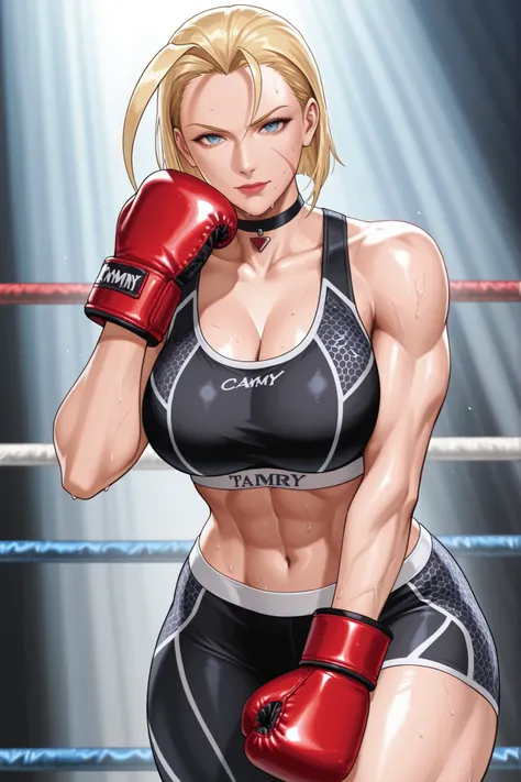 cammy white, blue eyes, scar on face, blonde hair, short hair, huge ahoge, sweating, choker, black sports bra, black leggins, boxing gloves,thick thighs, adult face, looking at viewer , direct look, forward, adult face, beautiful, detailed, adult mature f...