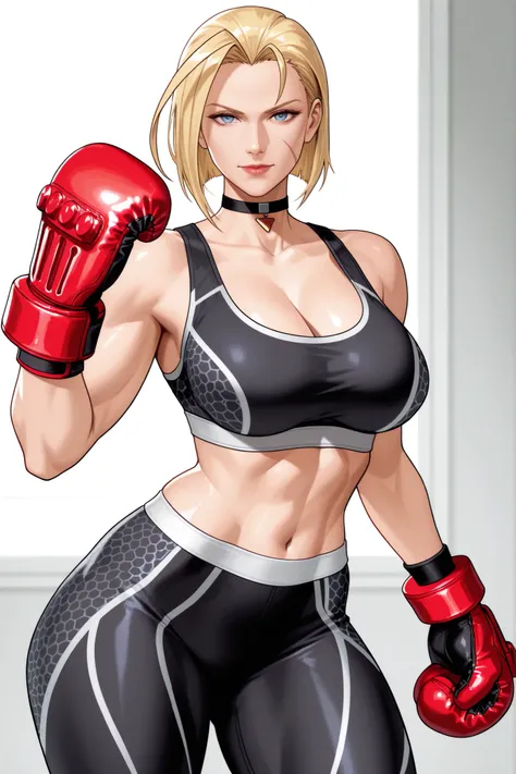 cammy white, blue eyes, scar on face, blonde hair, short hair, huge ahoge, choker, black sports bra, black leggins, red boxing gloves,
thick thighs, adult face, looking at viewer , direct look, forward, adult face, beautiful, detailed, adult mature face...