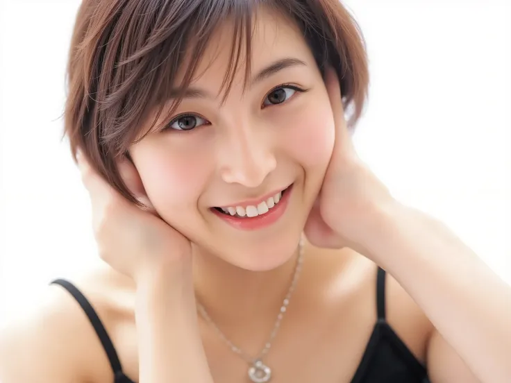 Ultra photorealistic close-up portrait of a beautiful Japanese woman, 
upper-body shot, wearing a black outfit (completely out of frame, not visible), 
shoulders and collarbone softly exposed, 
both hands pressing her cheeks in a shy, lovestruck gesture, 
...
