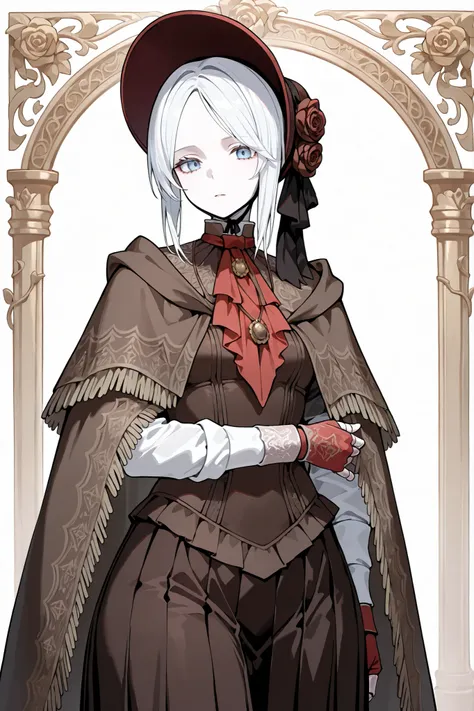 hat flower, rose, bonnet, pendant, red ascot, brown cloak, brown dress, long dress, long sleeves, white sleeves, red gloves, fingerless gloves, pldll, white hair, short hair, swept bangs, blue eyes, pale skin, doll joints, ,,,1girl,solo ,,,looking at viewe...
