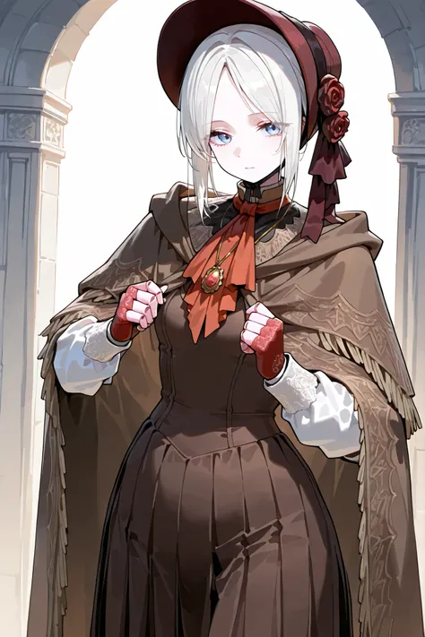 hat flower, rose, bonnet, pendant, red ascot, brown cloak, brown dress, long dress, long sleeves, white sleeves, red gloves, fingerless gloves, pldll, white hair, short hair, swept bangs, blue eyes, pale skin, doll joints, ,,,1girl,solo ,,,looking at viewe...