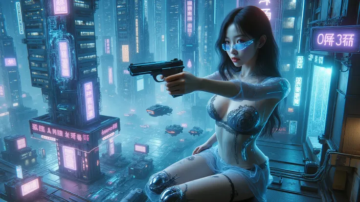 (((high angle view, overhead shot))). (Ryoji Ikeda Style). Translucent Chinese girl in mid-ground, ((half-body thigh level medium:1.8 shot)), long hair, open legs, (((transparent:0.1 short:0.1 shift dress))), cleavage, large-breast:1.2, her short:0.1 pisto...