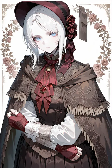 hat flower, rose, bonnet, pendant, red ascot, brown cloak, brown dress, long dress, long sleeves, white sleeves, red gloves, fingerless gloves, pldll, white hair, short hair, swept bangs, blue eyes, pale skin, doll joints, ,,,1girl,solo ,,,looking at viewe...
