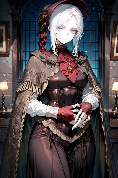 hat flower, rose, bonnet, pendant, red ascot, brown cloak, brown dress, long dress, long sleeves, white sleeves, red gloves, fingerless gloves, pldll, white hair, short hair, swept bangs, blue eyes, pale skin, doll joints, ,,,1girl,solo ,,,looking at viewe...