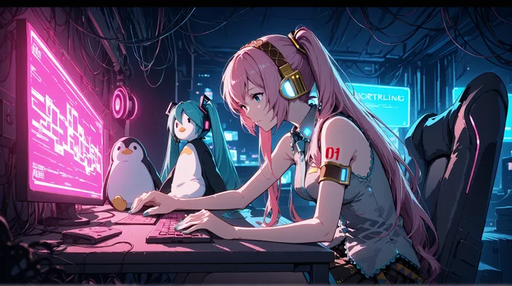 Hatsune Miku,Megurine Luka, headphones,hacker,sit at the desk,while working on a computer,neon light,Cinematic,cyberpunk,stuffed penguin