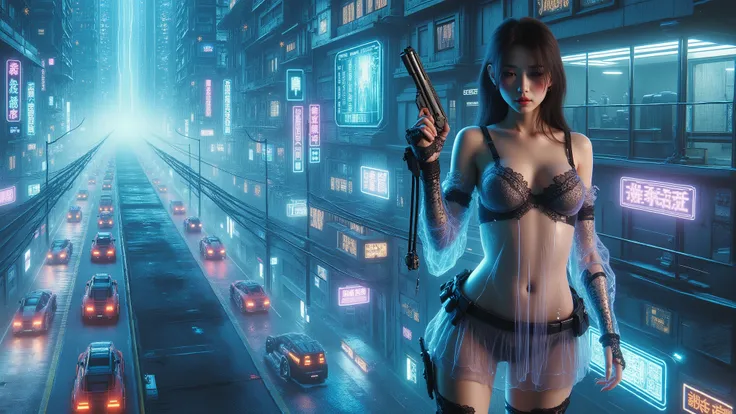 (((high angle view, overhead shot))). (Ryoji Ikeda Style). Translucent Chinese girl in mid-ground, ((half-body thigh level medium:1.8 shot)), long hair, open legs, (((transparent:0.1 short:0.1 shift dress))), cleavage, large-breast:1.2, her short:0.1 pisto...