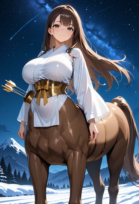 masterpiece, (detailed:1.2), HDR, Dynamic lighting, highres, hi res, best quality, masterpiece, ((Blato of a mountain)), (night), (starry sky), (solo), shiny skin, (1 girl), Sweats heavily, Poses erotically, PosesSexy, (centaur body), Dark brown hair with ...
