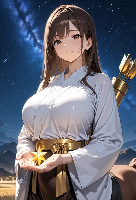 masterpiece, (detailed:1.2), HDR, Dynamic lighting, highres, hi res, best quality, masterpiece, ((Blato of a mountain)), (Summer night), (starry sky), (solo), shiny skin, (1 girl), Sweats heavily, Poses erotically, PosesSexy, (centaur body), Dark brown hai...
