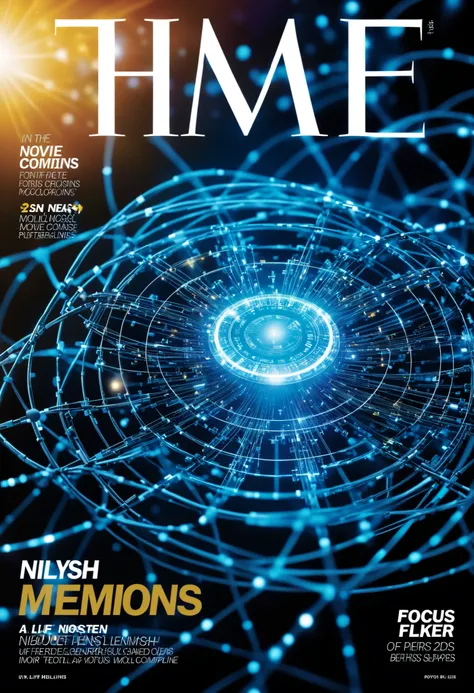 Subject photography, cover of AI LIFE magazine, high technology and quantum computer, neural mesh overlay, imitation of molecular bonds forms a nanoset on top of the photo, magazine cover effect, headlines and magazine content, focus on text, focus on head...