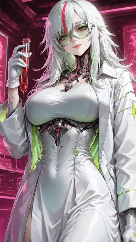 Solo,A Bionic female,((white hair, streaked hair, long hair)),Bionic skin, green eyes, wearing A White long dress white white doctor coat, Holding a test tube with Red liquid in hand, Cyber glasses,White short gloves,Medium Oppai,Big Hip,Seductive smile,St...