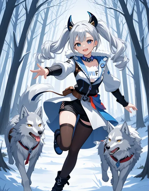 A beautiful girl with long silver hair and twin tails, a wolf appears in a snowy forest, a beautiful girl chasing a wolf, and a hunting costume.