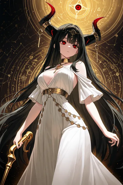 Anime girl with ram horns, wearing an elegant dress with the symbol of Aries while in the background you can see the constellations and you see the one of Aries, carries a golden cane with the symbol of aries while looking confidently and determinedly at t...