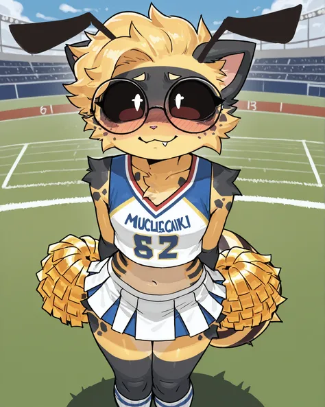 solo, (masterpiece, best quality:1.2)), Anthro, high quality, highres, absurdres, multi tone body, ((small 1 femboy))), (bee pattern on body), not safe for work, (standing), poofy fur, musculer, fit, blushing, cute, sharp eyes, big eyes, eye shadow, happy,...