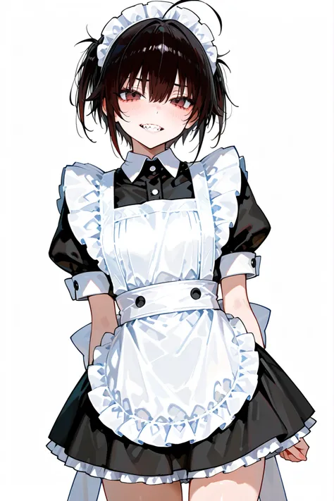 dark haired。Jagged teeth。Small and slim。solo。boyish。Full of love。maid clothes