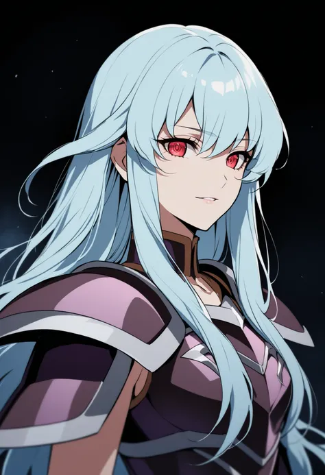 (high-quality, breathtaking),(expressive eyes, perfect face) portrait, Symmetrical Eyes, 1girl, female, solo, adult, light cyan blue hair, red coloured eyes, long hair length, side bangs, fluffy hair, looking at viewer, portrait, black background, narrow e...