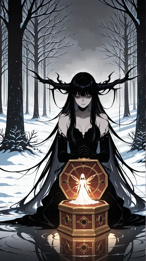 Illustration, Dark Fantasy World, a beautiful fairy Princess with her music box, Sinister, ominous atmosphere, Winter, ultra-high resolution, masterpiece, long dark hair ,masterpiece, best quality,absurdres 