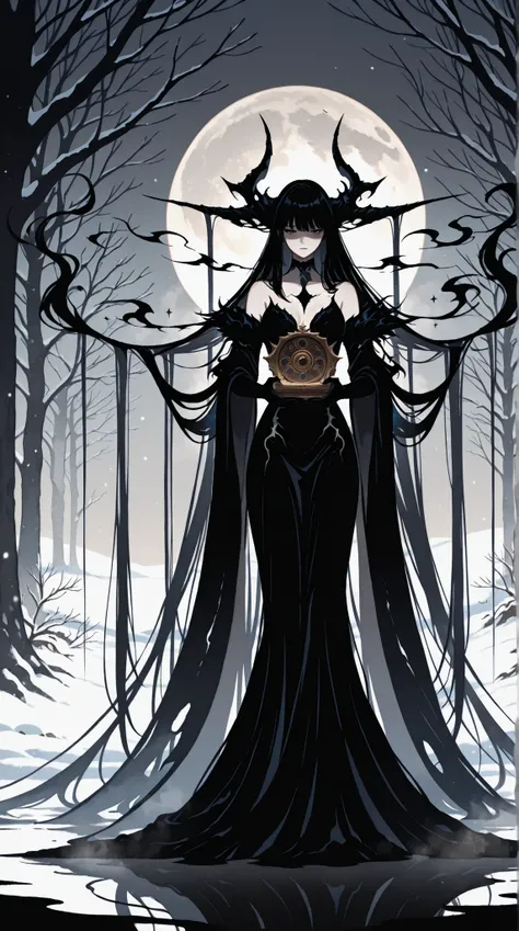 Illustration, Dark Fantasy World, a beautiful fairy Princess with her music box, Sinister, ominous atmosphere, Winter, ultra-high resolution, masterpiece, long dark hair ,masterpiece, best quality,absurdres 