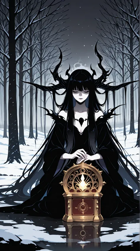 Illustration, Dark Fantasy World, a beautiful fairy Princess with her music box, Sinister, ominous atmosphere, Winter, ultra-high resolution, masterpiece, long dark hair ,masterpiece, best quality,absurdres 