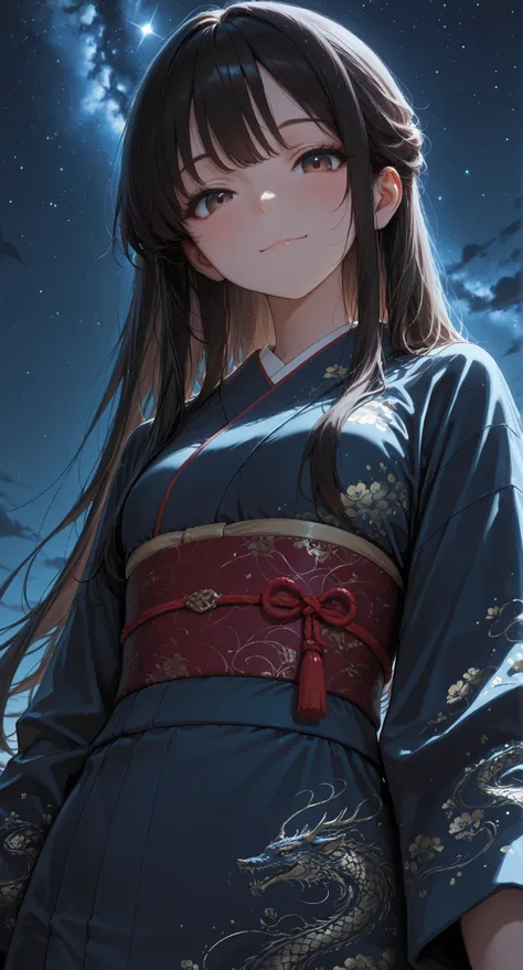 1 japanese girl, solo, smile, closed mouth, blush, kimono, from below, panorama, moonlight, starry sky, wide shot, upper body, dreamy, night, looking at viewer, long black hair, waist-length hair, soft bangs, long sidelocks, half-up hairstyle, soft brown e...