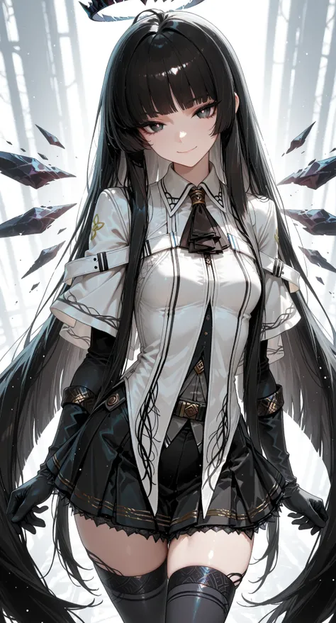 virtuosa\(arknights\), oily thighhighs, smile, close mouth, black eyes, small small breasts, white pupils, standing, leaning foward, long black gloves, rating safe,
masterpiece, best quality, very aesthetic,
anime-style, detailed shading, dynamic lighting...