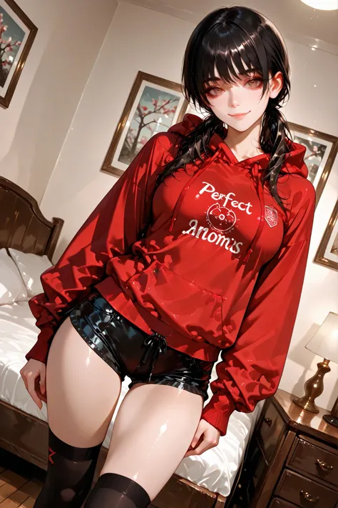 1 girl , Mitaka Asa, long hair , low ponytails , brown eyes , pretty eyes , detailed eyes, long eyelashes, beautiful eyes, beautiful face, face sculpted with hyper-realistic details, beautiful hair, medium breasts, solo, red sweatshirt, hood down, drawstri...