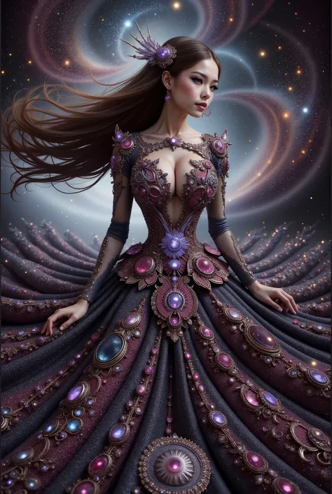 A cute japanese idol girls white-skinned, blue-eyed, thin lips, shadow eye, eyelashes, Gigantic fake boobs, Breast Press, small waist, slim body, asian girls in a strapless dress sitting in space, UHD, luxurious mechanism dress, ornate dress, shiny dress, ...