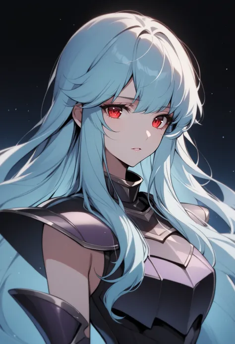 (high-quality, breathtaking),(expressive eyes, perfect face) portrait, Symmetrical Eyes, 1girl, female, solo, adult, blue hair, red eyes, long hair, side bangs, fluffy hair, looking at viewer, portrait, black background, soft eerie blue lighting background...