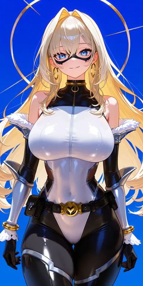 BlaCtFN, white hair, mask, blue eyes, choker, fur trim, black bodysuit, white vambraces, black gloves, utility belt, belt buckle,Masterpiece, mature woman, madam president (golden boy), KroniiCasual , long hair , hair intakes , white turtleneck , shoulder ...