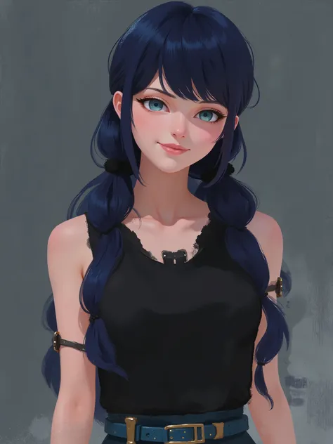 marinette Dopanchan, stylized illustration, brush strokes, sr3fmj, A very beautiful and cute 22 year old woman with a slight smile. (((Shy smile))), sharp focus on the face, (((Western eyes:1.5))), (((Extremely detailed ice-blue eyes, beautiful eyes, beaut...