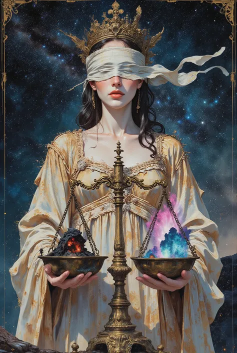 Masterpiece digital painting of Libra the Scales Constellation Gijinka (personification). The embodiment of balance and justice. A serene, androgynous figure with a symmetrical, elegant face and calm, knowing eyes that reflect the cosmos. They are blindfol...