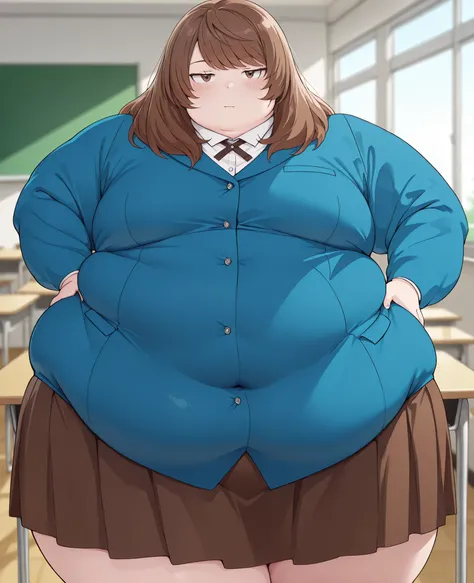 masterpiece, best quality, solo, 1girl, score_9,score_8_up,score_7_up BREAK, 1girl,solo, chubby, obese, fat arms and legs, sloppy stomach, saggy round breasts, double chin, plump, thick thighs, thigh, morbidly obese, immobile, blush, brown eyes, shoulder-l...