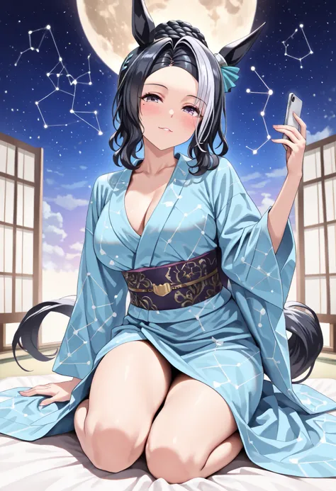 (masterpiece, best quality, perfect face:1.4), wide angle, full body, mejiro ramonu \(umamusume\), black hair, white hair, multicolored hair, ((long hair)), wavy hair, purple eyes, mole under eye, ear ornament, horse ears, horse tail, tail on the lower bac...
