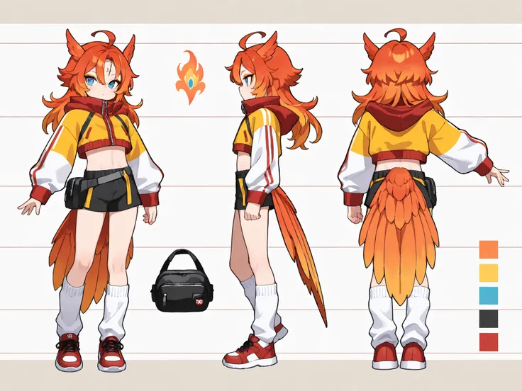 (masterpiece, detailed:1.2), 1boy, ahoge, androgynous, animal ears, animal tail, bag, bird ears, bird tail, black shorts, blue eyes, character sheet, color guide, cropped jacket, eyeshadow, facial mark, fanny pack, feathered hair, forehead mark, from behin...