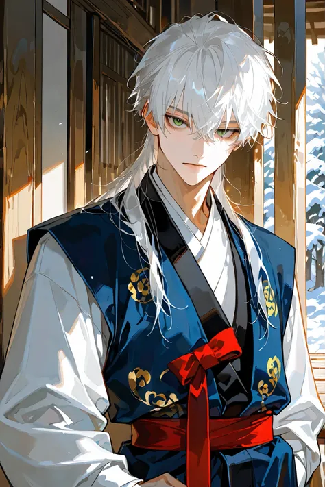 close up, messy navy white hair ,only one male , a cutting impression, Icy glare, handsome male, lean gaunt build, winter forest green eyes, messy dark navy hair, wearing a loose faded jade-colored durumagi (overcoat) over a disheveled jeogori(old Korean c...