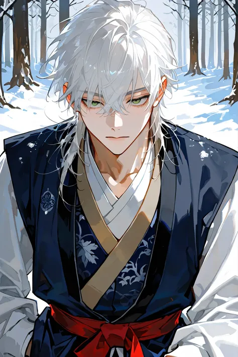 close up, long messy white hair ,only one male , a cutting impression, Icy glare, handsome male, lean gaunt build, winter forest green eyes, messy dark navy hair, wearing a loose faded jade-colored durumagi (overcoat) over a disheveled jeogori(old Korean c...