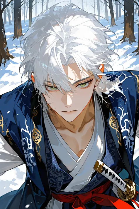 close up, long messy white hair ,only one male , a cutting impression, Icy glare, handsome male, lean gaunt build, winter forest green eyes, messy dark navy hair, wearing a loose faded jade-colored durumagi (overcoat) over a disheveled jeogori(old Korean c...