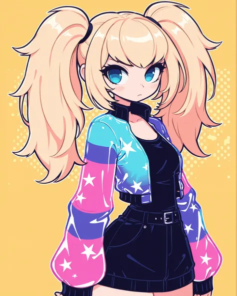 CartoonyIllustrious,Ani_(Grok), blonde hair, twintails, long hair, blue eyes, shojo, neon jacket, pop art shojo, flat yellow background, poster style, cyan shadows, minimal accessories, solo girl
