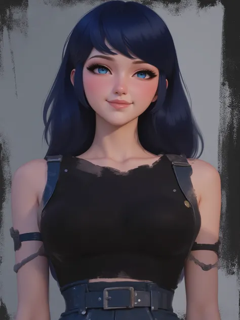 cartoony anime, marinette Dopanchan, stylized illustration, brush strokes, sr3fmj, A very beautiful and cute 22 year old woman with a slight smile. (((Shy smile))), sharp focus on the face, (((Western eyes:1.5))), (((Extremely detailed ice-blue eyes, beaut...