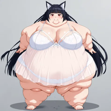 score_9, score_8_up, score_7_up, score_6_up, score_5_up, score_4_up, BREAK source_anime, 1girl, solo, cowboy shot, standing, looking at viewer, smile, closed mouth, hoshimi, red eyes, black hair, very long hair, blunt bangs, braid, fox ears, lingerie, see ...