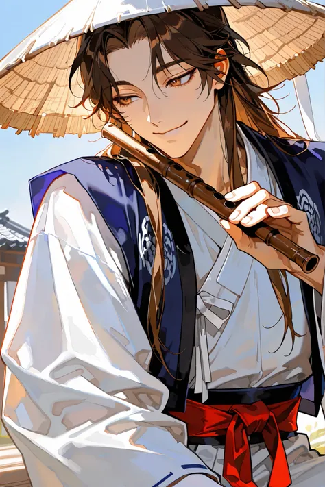 wearing a triangular white hat,Playing the wood flute,only one male, Kindness, Smile,handsome male, muscular, deep amber eyes with indigo blue rim, very long dark brown hair, wearing a white cotton jeogori( old Korean clothes) and baji, a blue jokki (vest)...