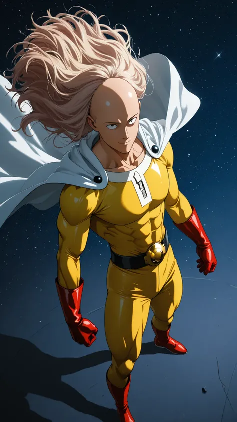 masterpiece, Hi-Res, Very High Definition, 8k, super detailed, Highest Quality, Bald Hero, saitama, yellow bodysuit, White cape, Red gloves, Red Boots ,  Simple Face , Confident Smile, muscular physique, (Clutching the wig:1.2, wig to the front to emphasiz...