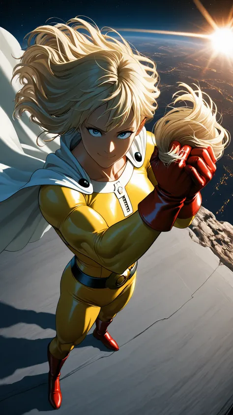 masterpiece, Hi-Res, Very High Definition, 8k, super detailed, Highest Quality, Bald Hero, saitama, yellow bodysuit, White cape, Red gloves, Red Boots ,  Simple Face , confident smile emphasizing the wig, muscular physique, clasped hands, (Clutching the wi...